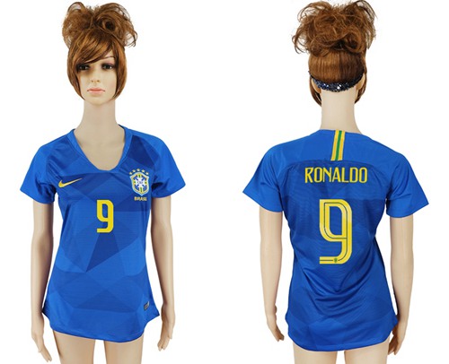 Women's Brazil #9 Ronaldo Away Soccer Country Jersey